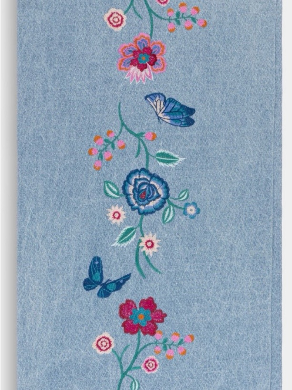 Johnny Was Blue Denim Floral Embroidered Table Runner with Multicolor Accents